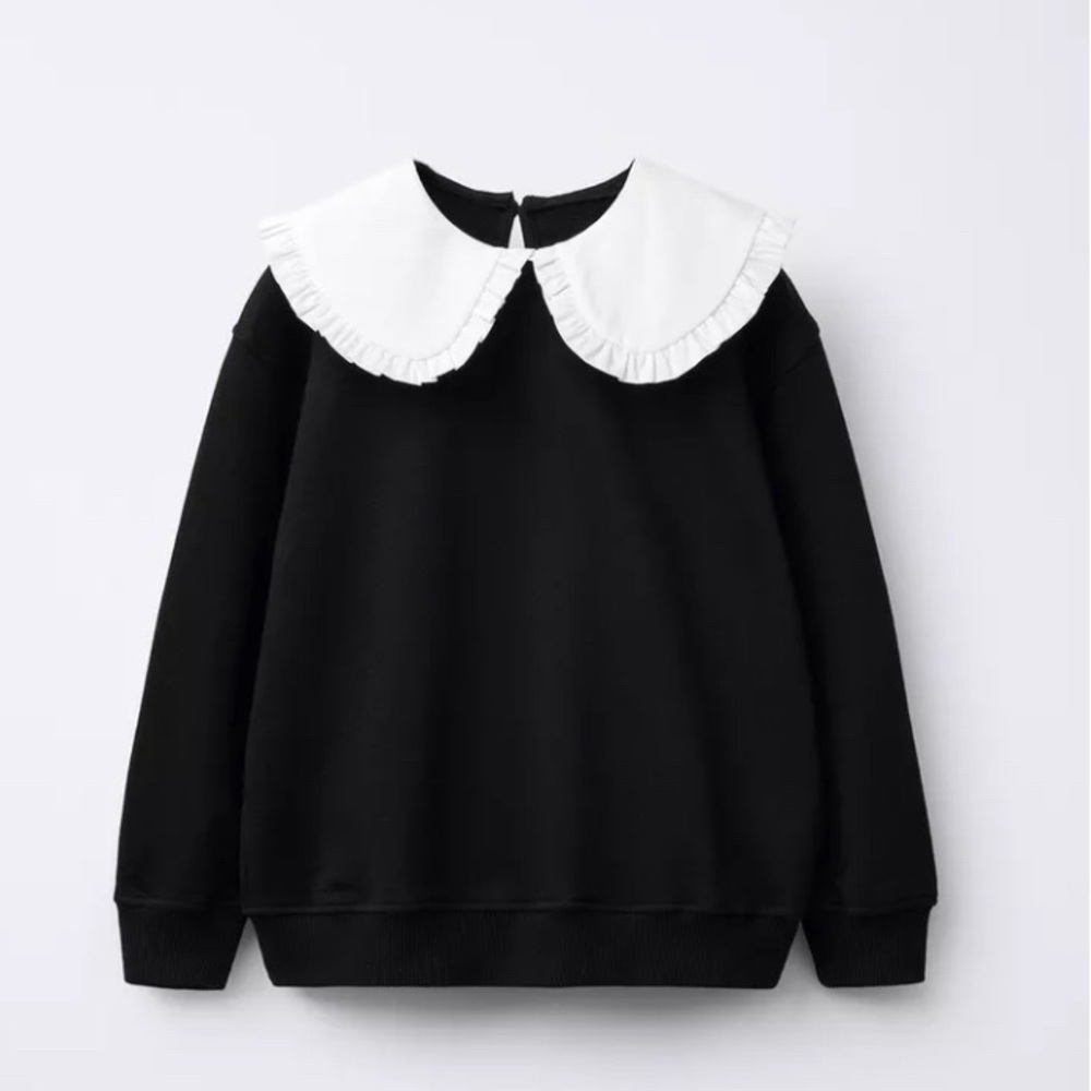 Zara Black cotton Sweatshirt with big Peter Pan white ruffle Collar jrs 13/14